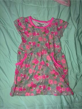 Source Unknown Gray Floral Casual Dress with Pink Trim